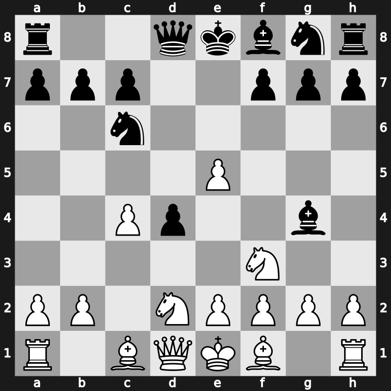 D08q - 3.dxe5 d4 4.Nf3 Nc6 5.Nbd2 Bg4 - Albin Alapin