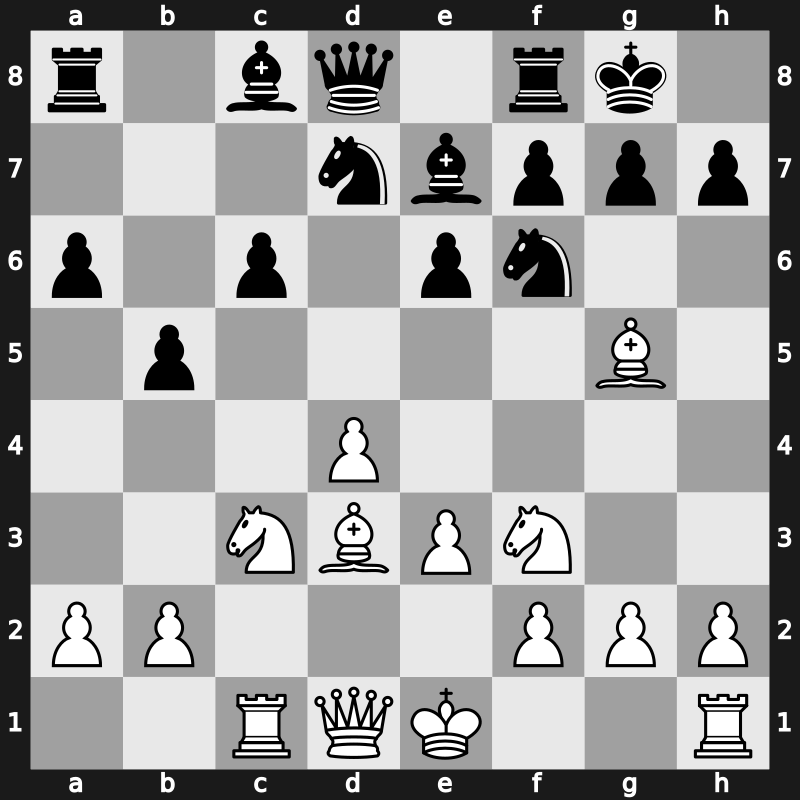 D66l - 8…dxc4 9.Bxc4 b5 10.Bd3 a6 - Orthodox Main Line Fianchetto Variation [+0.59]