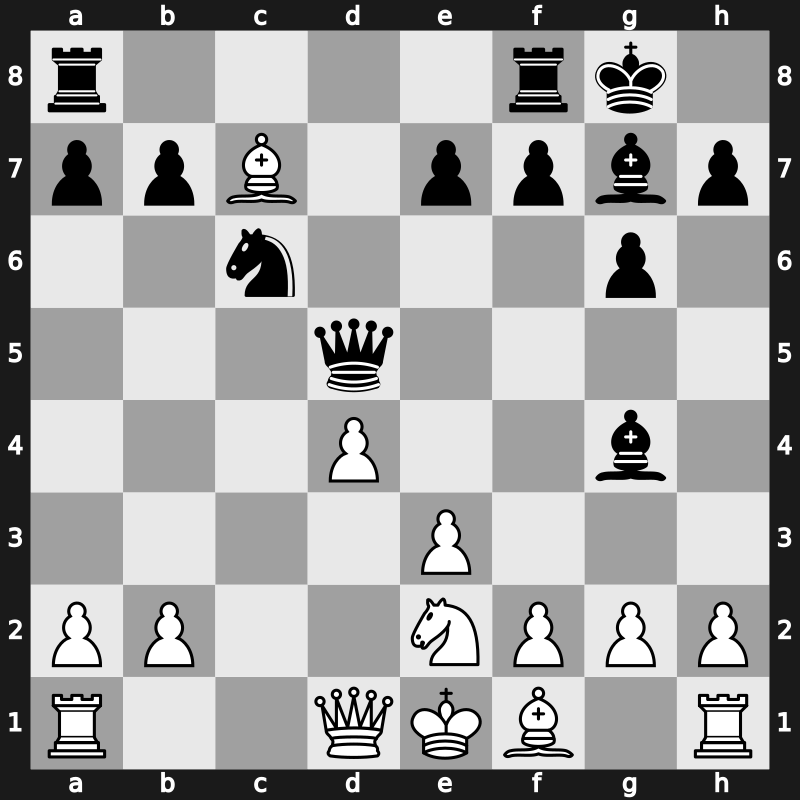 D84h - 6…Nxd5 7.Nxd5 Qxd5 8.Bxc7 Nc6 9.Ne2 Bg4 - Gruenfeld Gambit Accepted