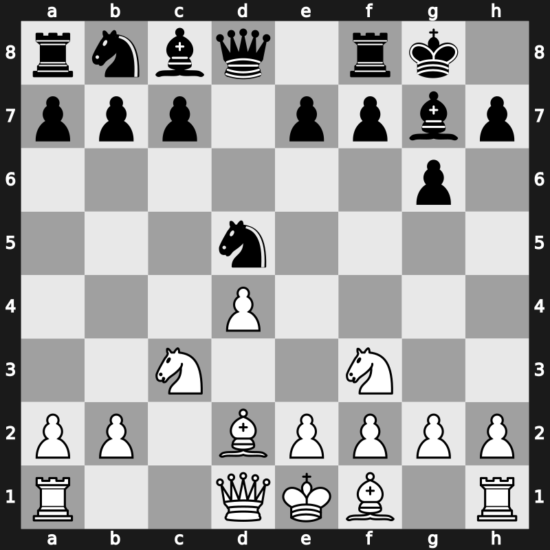 D90m - 4…Bg7 5.cxd5 Nxd5 6.Bd2 O-O - Three Knights Exchange [+0.05]