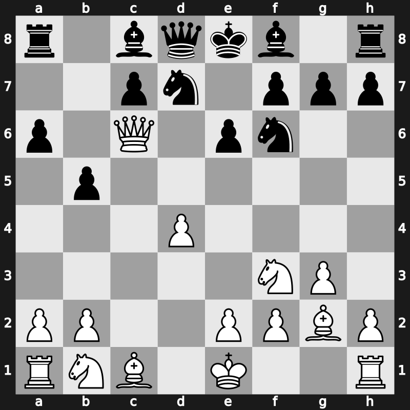 E03j - 6…a6 7.Nf3 b5 8.Qc6 - Open [-0.25]