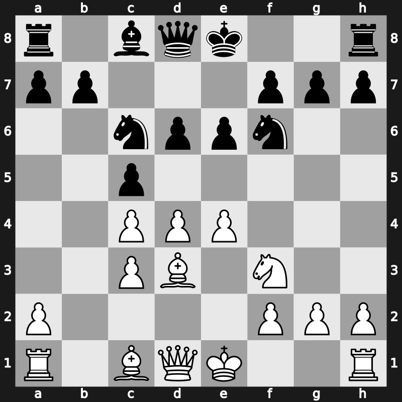 E41h - 5.Bd3 Nc6 6.Nf3 Bxc3+ 7.bxc3 d6 8.e4 - Huebner [+0.23]