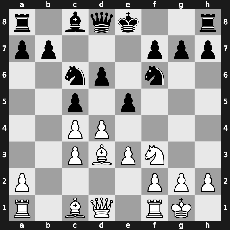 E41j - 5.Bd3 Nc6 6.Nf3 Bxc3+ 7.bxc3 d6 8.O-O e5 - Huebner [+0.11]