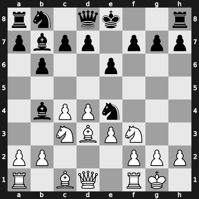 E43i - 5.Nf3 Bb7 6.Bd3 Ne4 7.O-O - Nimzowitsch [+0.39]