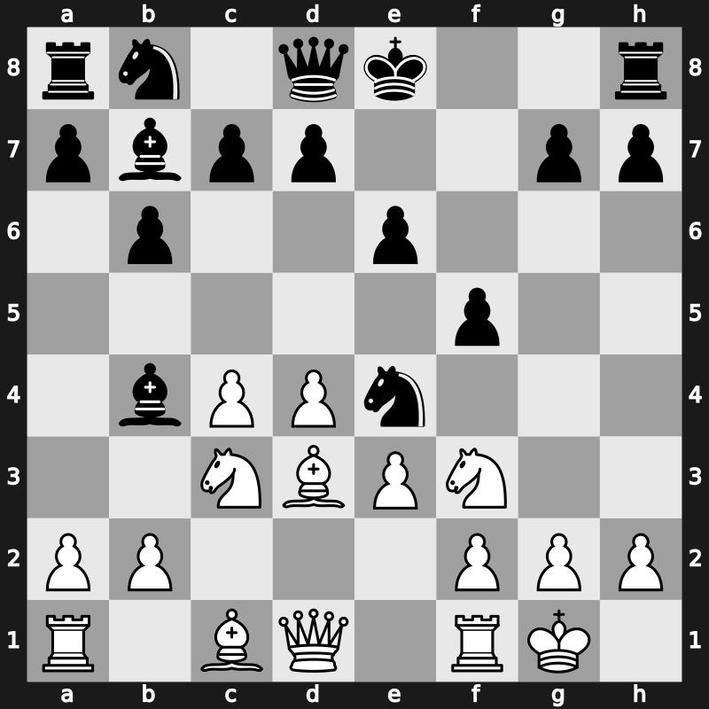 E43j - 5.Nf3 Bb7 6.Bd3 Ne4 7.O-O f5 - Nimzowitsch Keene Variation [+0.27]