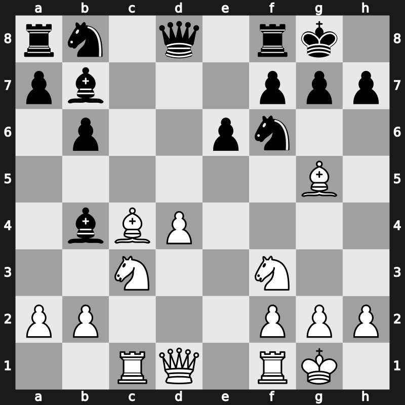 E54m - 8.Bxc4 cxd4 9.exd4 b6 10.Bg5 Bb7 11.Rc1 - Main Line Karpov [-0.20]
