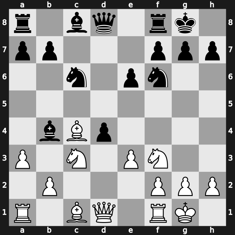 E57 - 1.d4 Nf6 2.c4 e6 3.Nc3 Bb4 4.e3 O-O 5.Nf3 d5 6.Bd3 c5 7.O-O Nc6 8.a3 dxc4 9.Bxc4 cxd4 - Nimzo-Indian [+0.60]