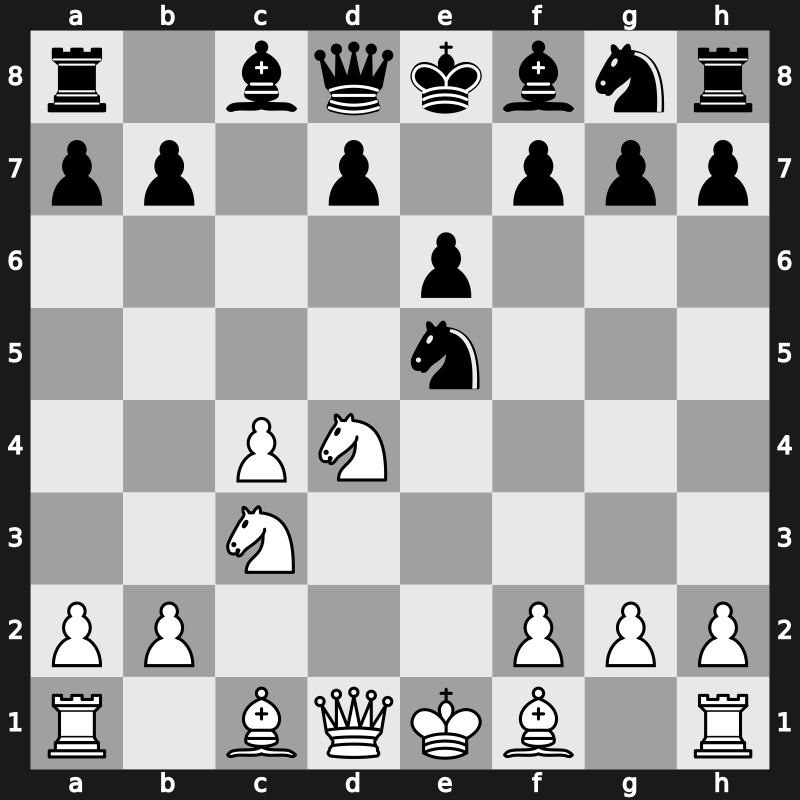 A19a - 4.e5 Ng8 5.Nf3 Nc6 6.d4 cxd4 7.Nxd4 Nxe5 - Mikenas