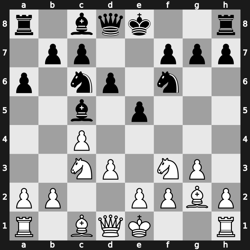 A29a - 4…d5 5.cxd5 Nxd5 6.Bg2 Nb6 7.O-O Be7 8.d3 O-O - Four Knights
