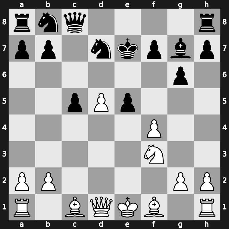 A66a - 7…Bg7 8.e5 Nfd7 9.Nb5 dxe5 10.Nd6+ Ke7 11.Nxc8+ Qxc8 12.Nf3 - Mikenas Attack