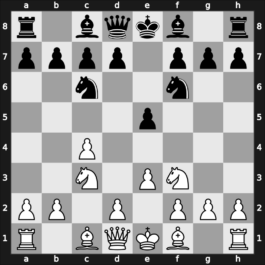 A28l - 4.d4 exd4 5.Nxd4 Bb4 6.Bg5 h6 7.Bh4 Bxc3+ 8.bxc3 Ne5 - Four Knights Nenarokov Variation