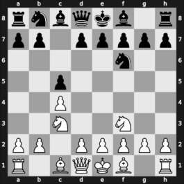 A34c - 2…Nf6 3.Nf3 d5 4.cxd5 Nxd5 5.e4 Nxc3 6.dxc3 Qxd1+ 7.Kxd1 - Symmetrical 3 Knights Queenswap